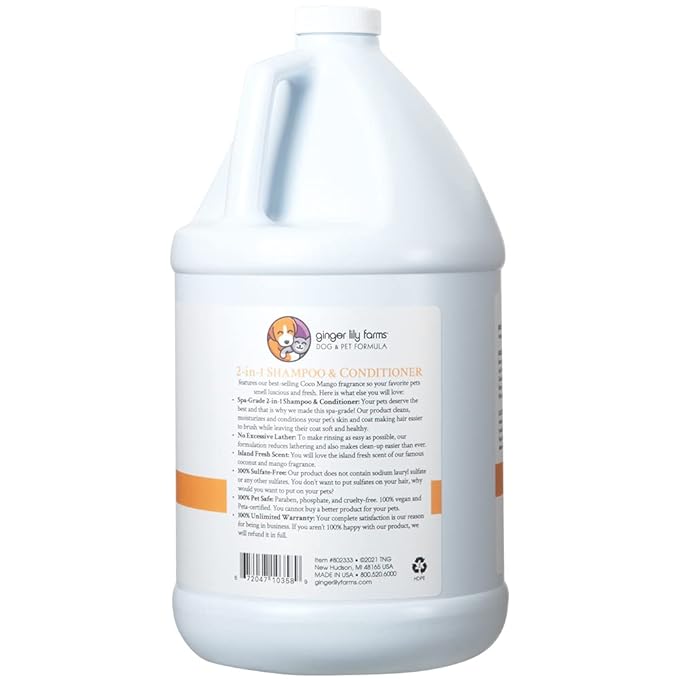 Ginger Lily Farms Dog & Pet Formula 2-in-1 Shampoo & Conditioner, 100% Vegan & Cruelty-Free, Coco Mango, 1 Gallon Refill (128 fl oz)