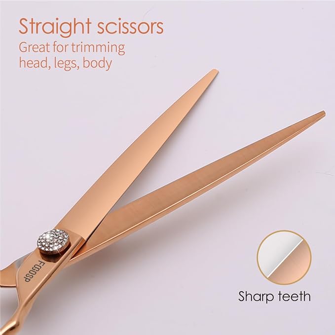 Rose Gold Titanium Professional 8'' Straight Dog Grooming Scissors Long Large Grooming Shears for Dogs Pet Japan 440C Right Handed Dog Hair Cutting Scissors for Poodle(8,Straight)