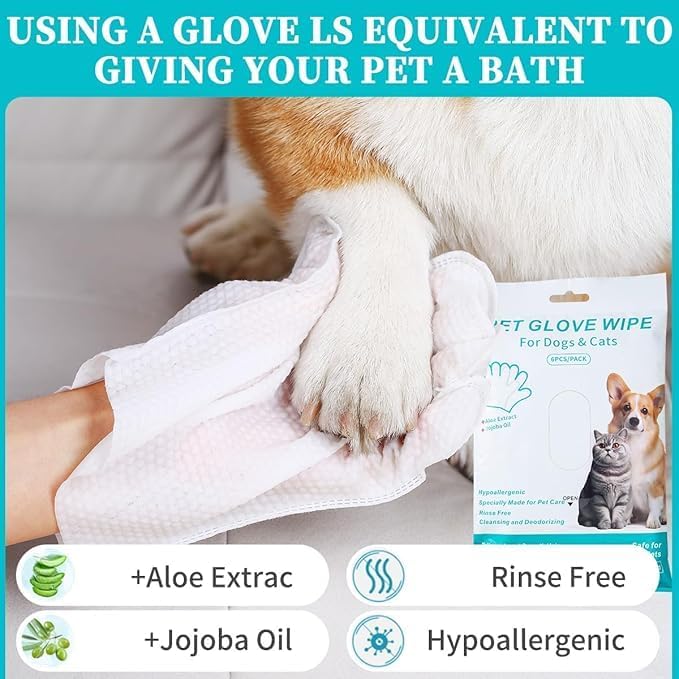 Pet Glove Wipes for Dogs & Cats, Pack of 6, Aloe Extract, Jojoba Oil, Rinse Free, Cleansing and Deodorizing