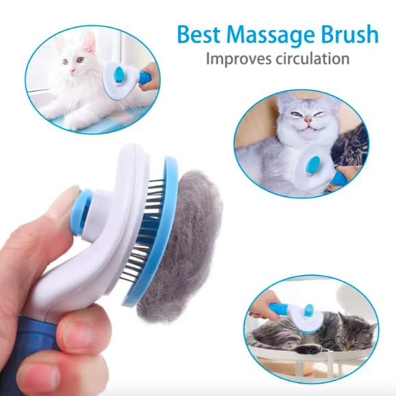 Pet Clean Hair Remover Button Stainless Steel Brushes Dogs Cat Slicker Self Cleaning Grooming Pet Comb Brush, blue, pink, grey