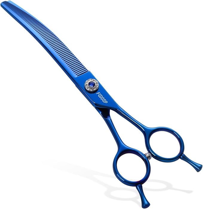 Professional Curved Thinning Shears Dog Grooming Scissors 7.25'' Blue Curved Blender Shears for Grooming Large Dogs Pet 66 Teeth Japan 440C(Curved Thinning)