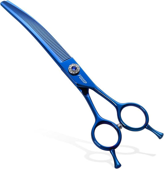 Professional Curved Thinning Shears Dog Grooming Scissors 7.25'' Blue Curved Blender Shears for Grooming Large Dogs Pet 66 Teeth Japan 440C(Curved Thinning)