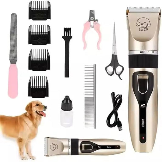 Pet Grooming Kit, Rechargeable Clippers with 6 Guide Combs, Stainless Steel Blades, Scissors, Comb