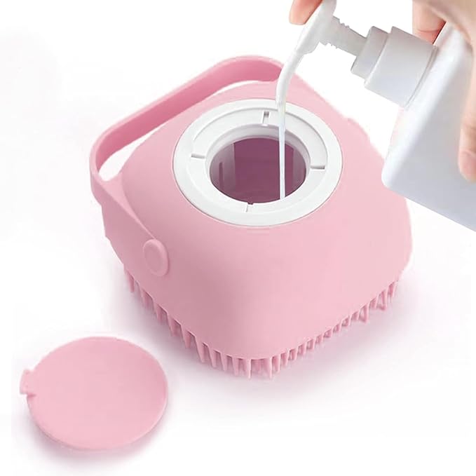 Dropshipping Soft Safe Silicone Pet Bathroom Massage Cleaning Grooming Tools Dog Cat Bath Brush with Shampoo Box (Pink), Small