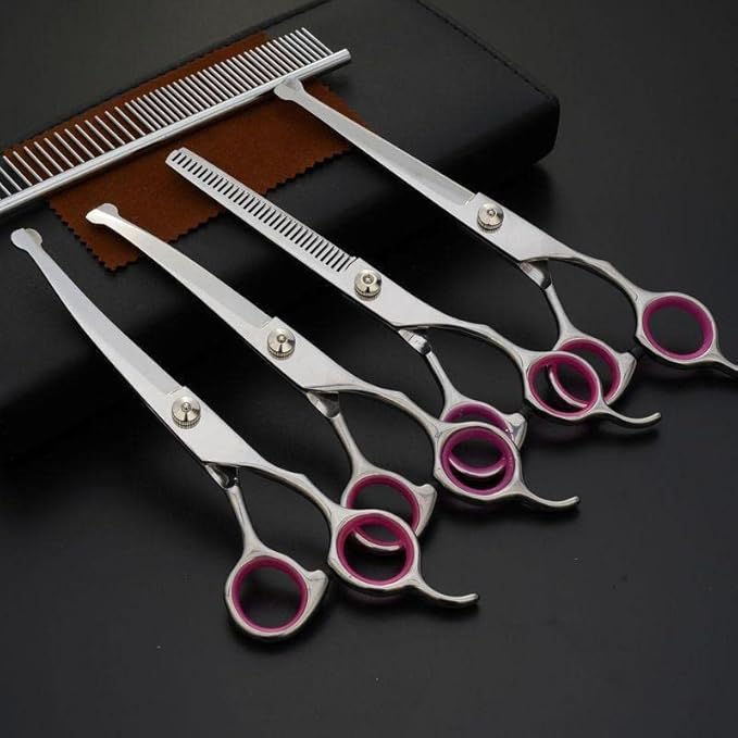 YL TRD Dog Grooming Scissors Kit Hair Cutting Set, 5Pcs Pet trimmer kit, Dog Shears for Grooming, Thinning Shears, Curved Scissors, Grooming Comb for Dogs Rabbits Cats Grooming Tools (Round headed)
