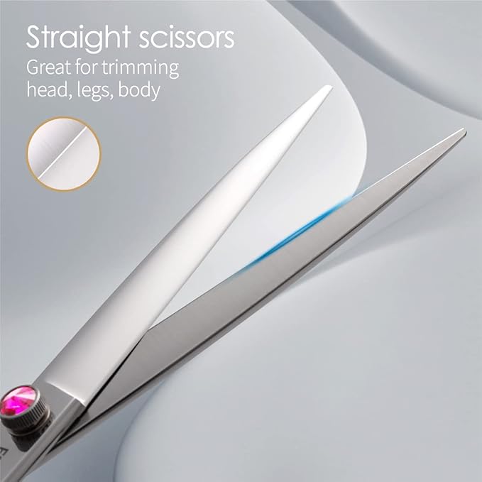 Dog Grooming Scissors Kit 7.5 in Professional Curved Thinning Straight Chunker Shears and Comb 5pcs Set for Grooming Big Dogs Poodle Pet Japan 440C Stainless Steel(7.5'',Kit)
