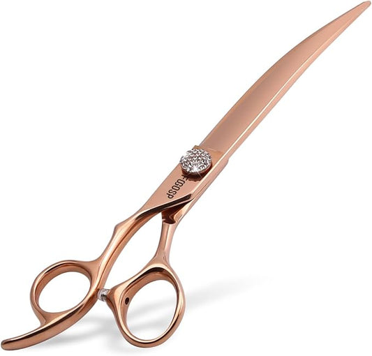 Rose Gold Titanium Professional Left Handed Curved Dog Grooming Scissors 8'' Downward 30° Japan 440C Pet Grooming Trimming Shears for Large Dog Poodle(8,Curved)