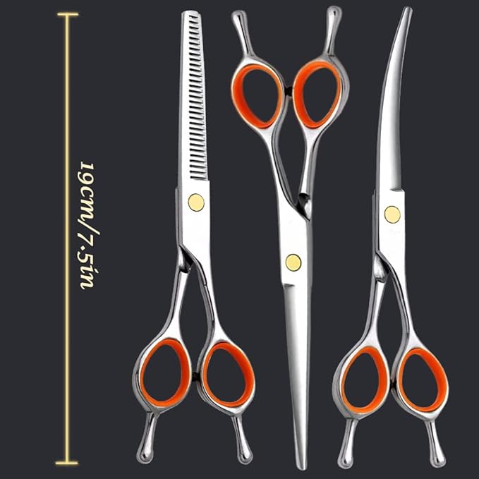 Dog Grooming Kit 7.5in Professional Dog Grooming Scissors Curved Set Including Straight Cutting,Thinning Shears,Curved Scissors,Round Tips Trimming and Comb, Cat Dogs Grooming clippers for Face Paws