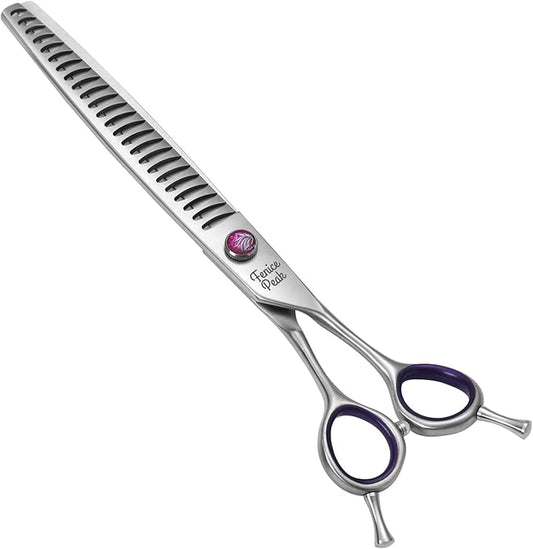 Fenice Peak 7'' Chunker Dog Grooming Scissors with Purple Finger Rings and Flashing Screw Professional 440C Stainless Steel Natural Color Pet Thinning Shears with Offset Handle Durable and Sharp