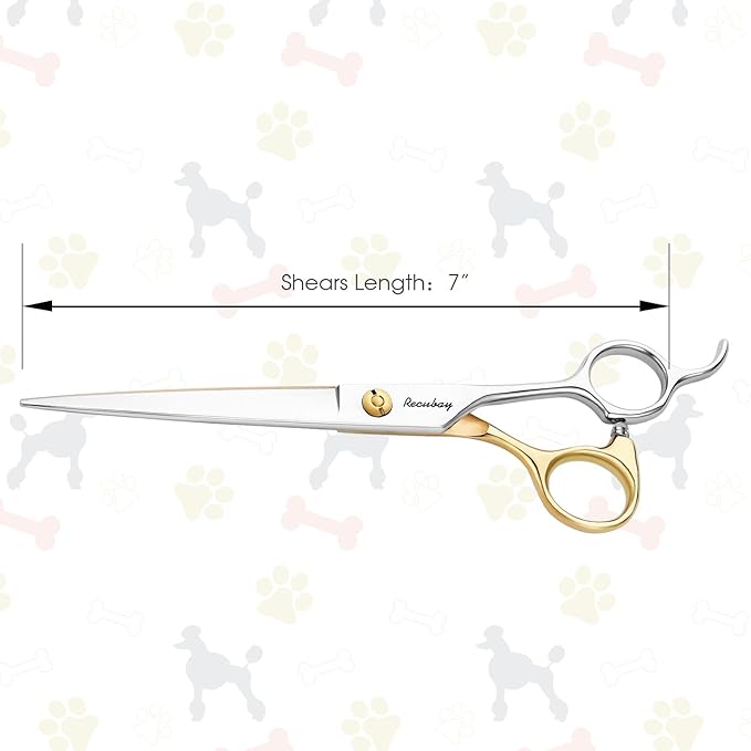 Dog Cat Scissors for Grooming, Pet Shears for Thick Coats and Matted Hair, Thinner Curved Straight Chunker Stainless Steel Shears (7.0" Straight Gold-Silver)