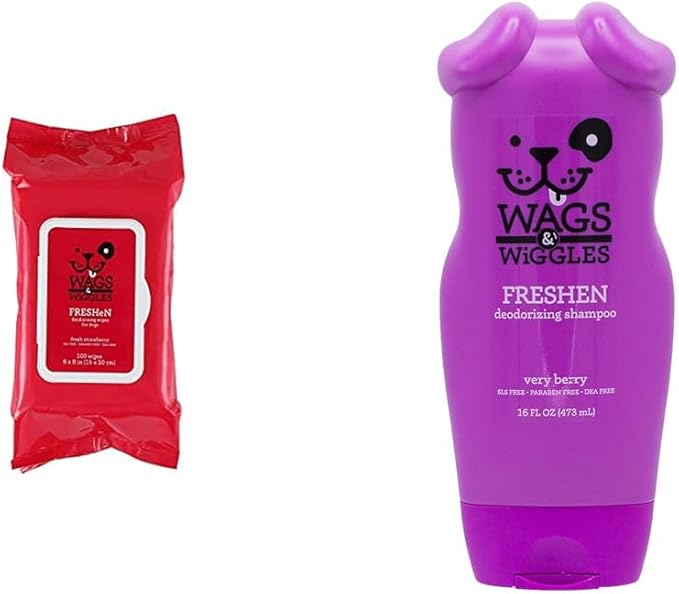 Wags & Wiggles Freshen Bundle: Deodorizing Wipes, Fresh Strawberries, 100 Count & Deodorizing Dog Shampoo, Very Berry Scent, 16 Oz - Easy Odor Control and Freshening for Your Pet Without a Bath