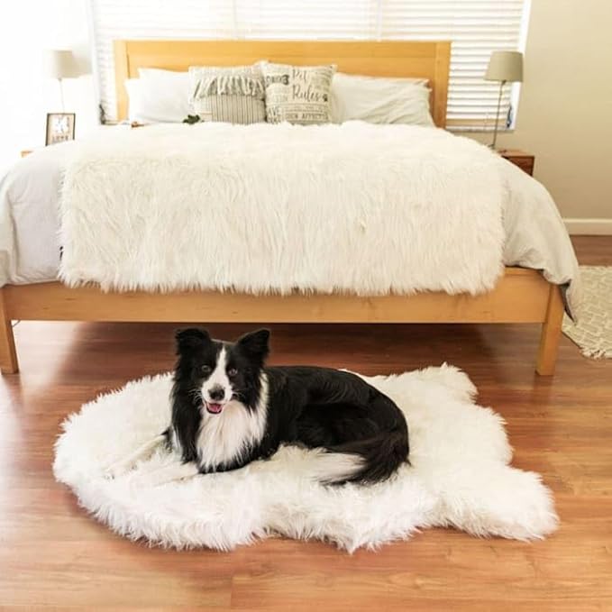 PupRug Orthopedic Dog Bed for Large Dogs with Fluffy Soft Faux Fur and Memory Foam for Joint Pain Relief, Machine Washable and Waterproof Couch Bed, Polar White, Medium