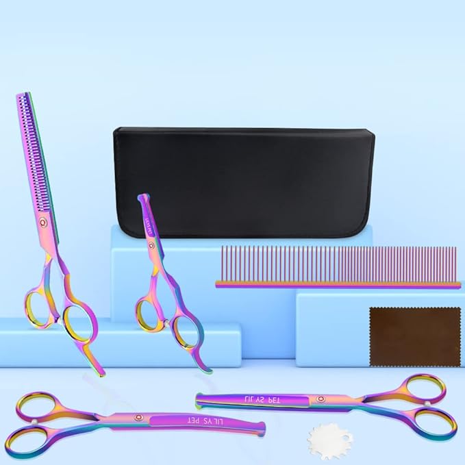 LILYS PET Safe Round-Tip Professional PET DOG Grooming Coated Titanium scissors suit Cutting&Curved&Thinning shears Set (Rainbow)