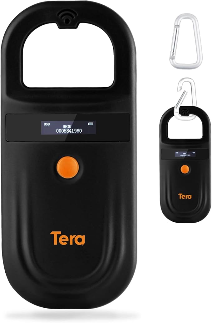 Tera Pet Microchip Reader with D-Ring RFID Portable Animal Chip ID Scanner with OLED Display Screen Rechargeable Data Storage Tag Scanner EMID FDX-B(ISO11784/85) for Dogs, Cats & Animal Management