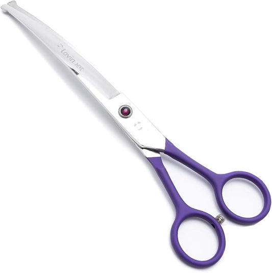 LovinPet Pet Grooming Scissors 7" Curved Right/Left-Handed Pet Round-Tip Grooming 6CR Stainless Steel Safety Trimming Shears for Dogs and Cats (Easy use Curved Scissor)