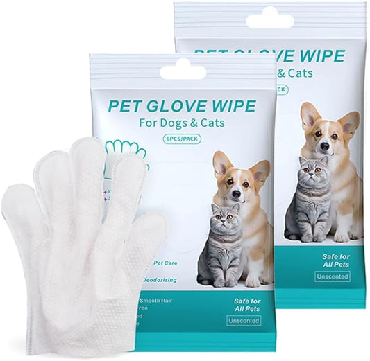 Cleaning Glove for Dog and Cat, Wipes Gloves for Dog and Cat Fur Face, Ear, Eye, Paws Cleaning Wipes Pet Wash Free Gloves, Grooming Wipes for Pet No Rinse Thick Dog Wipes Gloves(12 Pcs)