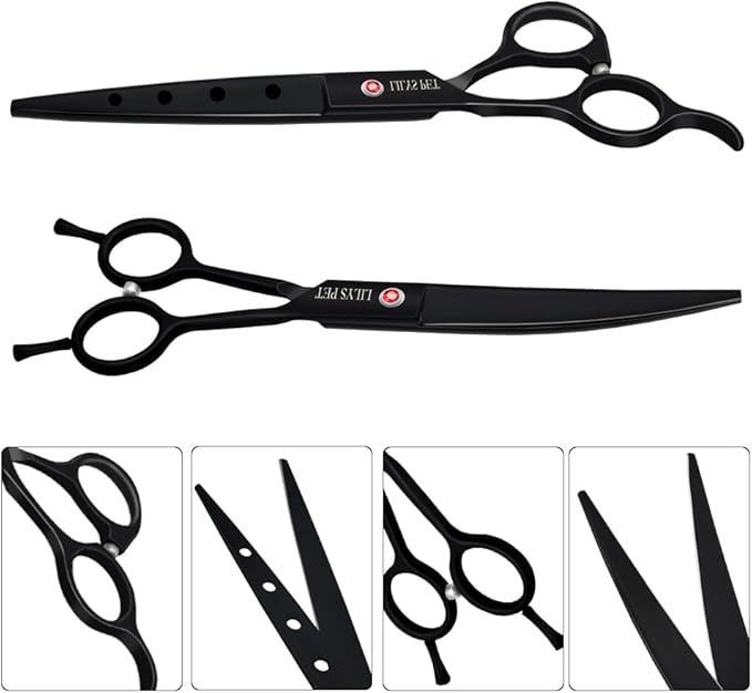 LILYS PET Professional PET DOG Grooming scissors Cutting&Curved&Thinning shears,Round Hole Design, Shark Teeth Thinning scissor (7", Black)