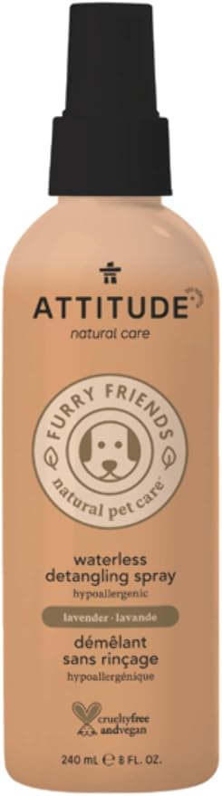 ATTITUDE Waterless Anti-Itching Detangling Spray for Pets, Plant and Mineral-Based Ingredients, Vegan and Cruelty-Free Animal Grooming Products, Lavender, 8 Fl Oz