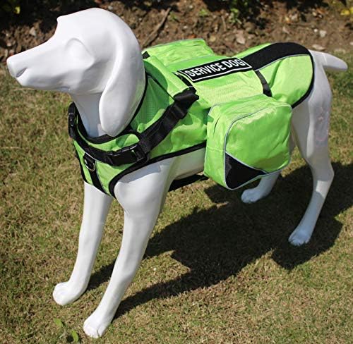 Service Dog Harness, Saddle Bag Backpack Carrier Outdoor Travel Hiking Camping Harness, Removable Saddle Bags and Patches (Green, M Girth 20-24")