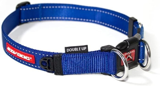 EzyDog Double Up Premium Nylon Dog Collar with Reflective Stitching - Double D-Rings for Superior Strength, Safety, and Comfortability - Non-Rusting and Includes an ID Attachment (Large, Blue)