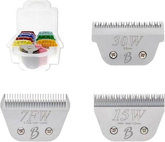 Wide Dog Grooming Blade & Guard Bundle – Includes 30W, 15W, 7FW Detachable A5 Blades & 9-Piece Color Coded Clipper Guard Set – Carbon Steel Blades for Professional Groomers