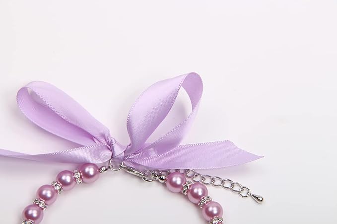 Dog Cat Pearls Necklace Collar with Bling Accessories and Ribbon Bow Pet Puppy Jewelry for Female Dogs Cats Small Medium (L, Purple)