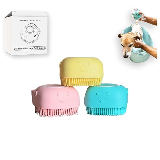 Pet Brush with Shampoo Dispenser - Yellow Silicone Bath Brush with Soap Scrubber for Relaxing & Non-Stress Grooming of Dogs and Puppies