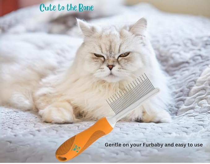 Cute to the Bone Pet Grooming Comb for Long, Curly or Silky Hair Dog and Cat, Stainless Steel Teeth for Dematting and Detangling, Safe for Home Use, Orange