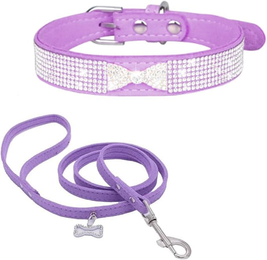 Diamond Dog Collars for Small Dogs, Rhinestone Puppy Collars with Leash, Sparkly Bling Jeweled Crystal Cat Collars for Girls Female XXS XS Small Medium Large Dogs Purple M