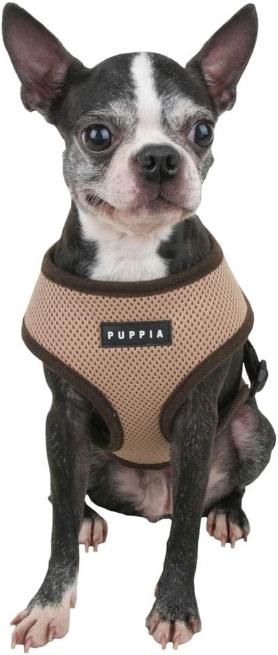 Puppia Soft Dog Harness No Choke Over-The-Head Triple Layered Breathable Mesh Adjustable Chest Belt and Quick-Release Buckle, Beige, Medium