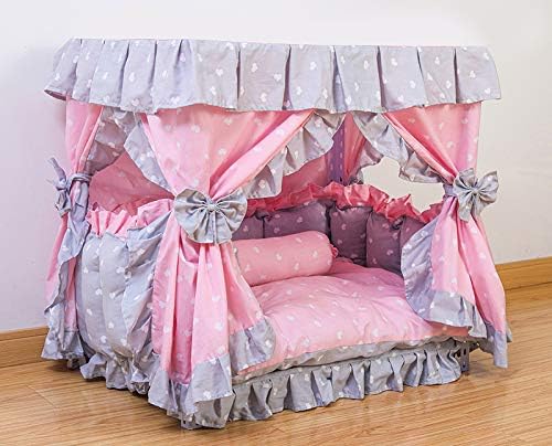 Princess Pink Grey White Heart Pet Dog Handmade Bed House+1 Candy Pillow (L)
