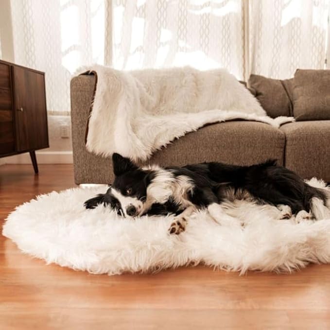 PupRug Orthopedic Dog Bed for Large Dogs with Fluffy Soft Faux Fur and Memory Foam for Joint Pain Relief, Machine Washable and Waterproof Couch Bed, Polar White, Medium