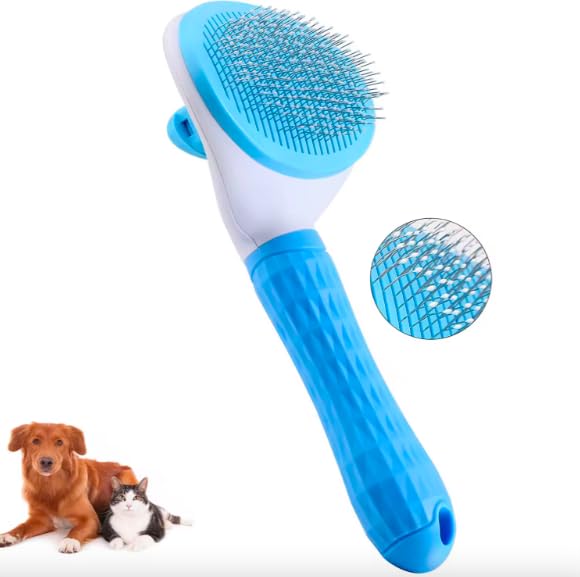 Pet Clean Hair Remover Button Stainless Steel Brushes Dogs Cat Slicker Self Cleaning Grooming Pet Comb Brush, blue, pink, grey