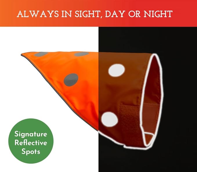SPOT THE DOG! Reflective Dog Bandanas - High Visibility Safety Dog Accessories for Small, Large Dogs, Orange Collar, Scarf, Kerchief, Bib for Hunting, Camping, Walking at Night (Blaze Orange, M-L)