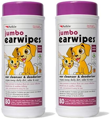 Petkin Jumbo Pet Ear Wipes, 80 Extra Moist Wipes, 2 Pack -Soothing & Deodorizing Pet Ear Cleaner to Remove Dirt, Odor, & Wax-Safe, Convenient, & Easy to Use Pet Wipes for Dogs, Cats, Puppies & Kittens