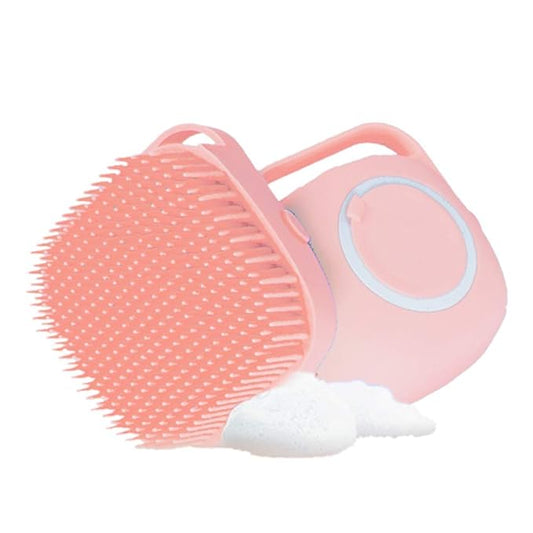 Portable Dog Bath Brush - Pet Massage Brush Shampoo Dispenser, Soft Silicone Brush Rubber Bristle for Dogs and Cats Shower Grooming (Pink)