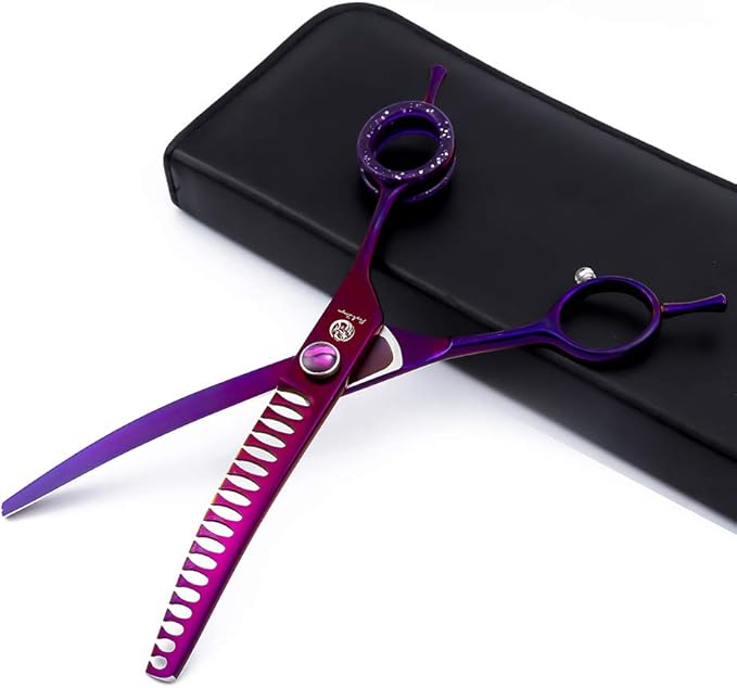 Purple Dragon 7.0" Purple Downward Curved Pet Grooming Curved Scissors/Chunker Shear with Adjustment Screw- Perfect for Professional Pet Groomer