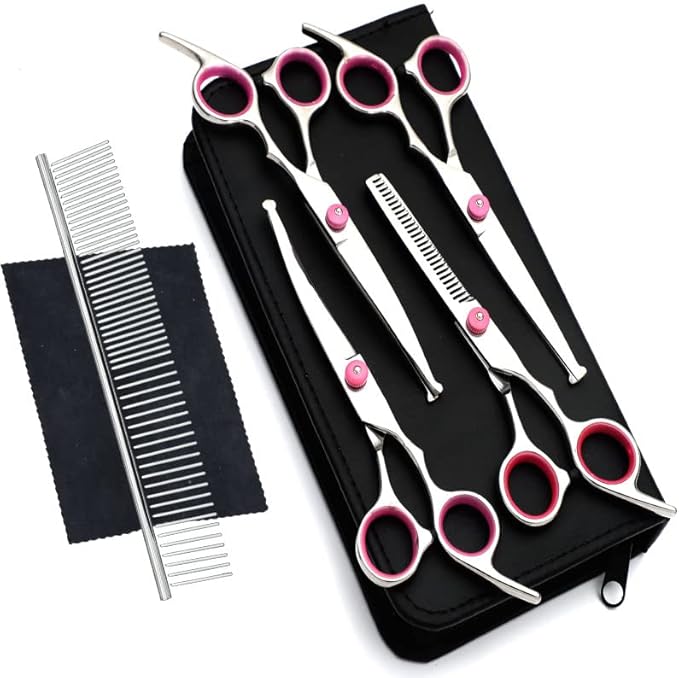 YL TRD Dog Grooming Scissors Kit Hair Cutting Set, 5Pcs Pet trimmer kit, Dog Shears for Grooming, Thinning Shears, Curved Scissors, Grooming Comb for Dogs Rabbits Cats Grooming Tools (Round headed)