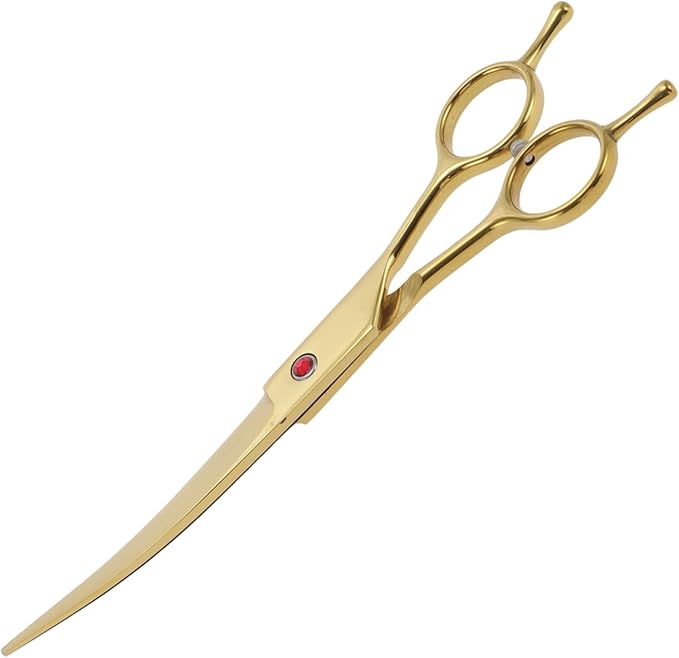 Dog Grooming Scissors, with Ergonomic Handle, Pill Popper for Cats, Upper Bend Shears, Stainless Steel Curved Shears for Dogs Cats, Gold Tone, 7.5inch