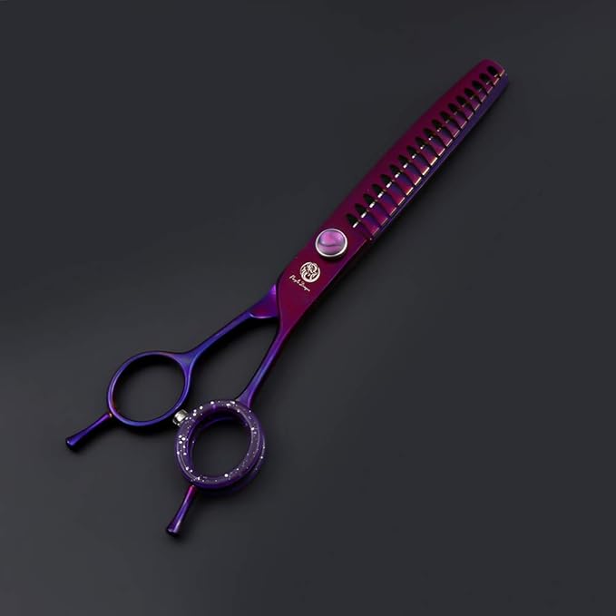 Purple Dragon 7.0" Purple Downward Curved Pet Grooming Curved Scissors/Chunker Shear with Adjustment Screw- Perfect for Professional Pet Groomer