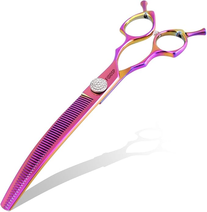 Professional Curved Thinning Shears Dog Grooming Scissors 7.5'' Rainbow Curved Thinner Scissors for Grooming Large Dogs Pet 56 Teeth Japan 440C(Curved Thinner,Rose Red)