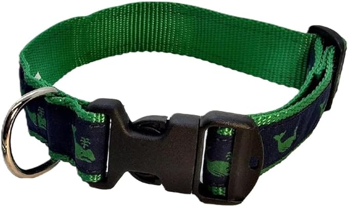Heavy Duty Adjustable Dog Collar or Dog Leash - Ideal Dog Collars and Leashes Come in Multiple Sizes for All Pets. Preppy Green Whales on Navy (X-Small Collar, 3/4 inch Wide)