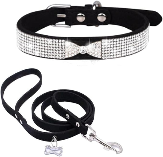 Diamond Dog Collars for Small Dogs, Rhinestone Puppy Collars with Leash, Sparkly Bling Jeweled Crystal Cat Collars for Girls Female XXS XS Small Medium Large Dogs Black L