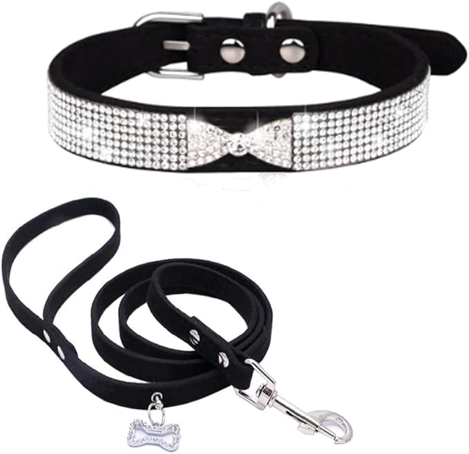 Diamond Dog Collars for Small Dogs, Rhinestone Puppy Collars with Leash, Sparkly Bling Jeweled Crystal Cat Collars for Girls Female XXS XS Small Medium Large Dogs Black XS