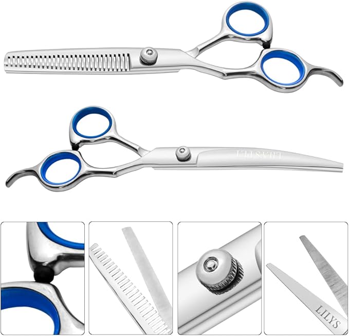 LILYS PET Professional PET DOG Grooming scissors suit,RED ring, Cutting&Curved&Thinning shears (Blue Ring 7.0")