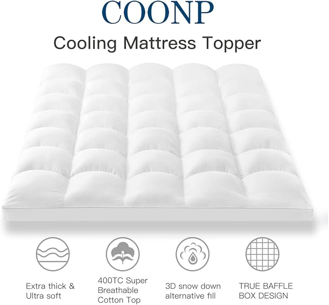 COONP Twin Mattress Topper, Extra Thick Pillowtop, Cooling Plush Mattress Pad Cover Cotton Top Bed Topper Protector with 8-21 Inch Deep Pocket