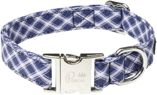Durable Cotton Blend Dog Collar, Cute & Stylish, Adjustable with Metal Locking Clasp, Made in USA (Blue Plaid, Medium)