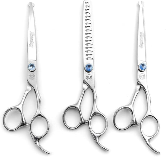 Moontay Professional Dog Grooming Straight, Curved, Thinning/Blending/Chunking Scissors Kit, JP-440C Stainless Steel Pet Cat Hair Cutting/Trimming Shears, Silver