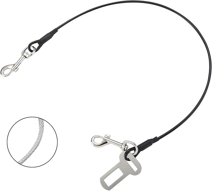 No-Chew Dog Seat Belt, Stainless Steel Cable Pet Car Seatbelt Safety Restraint Tether Puppy Vehicle Seat Belt with Buckle Latch(24 inch)