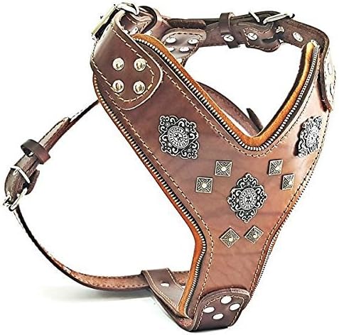 Bestia "Aztec Big Dog Leather Harness. 2 Tone Rivet Decorations. Zipper Decoration. Foam and Leather Padding Handmade in Europe.